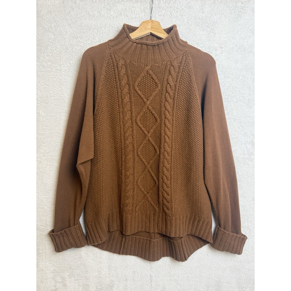 Theory Brown Cable Knit Oversized M Sweater Mock Neck Fisherman Cozy Apres Ski